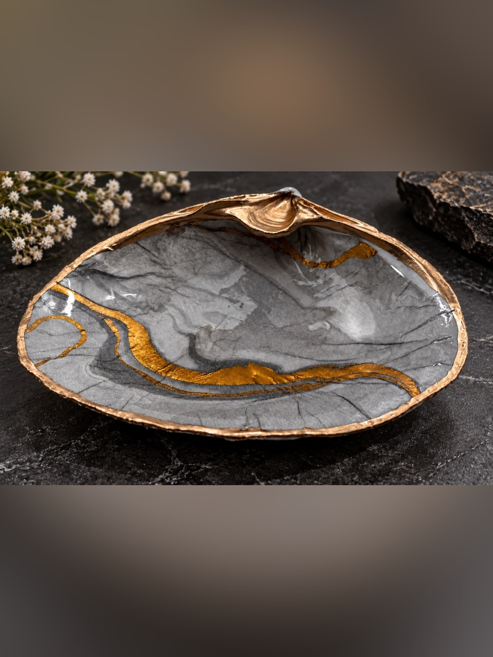 Gold-Accent Gray Decorative Home Accent Shell Trinket Dish